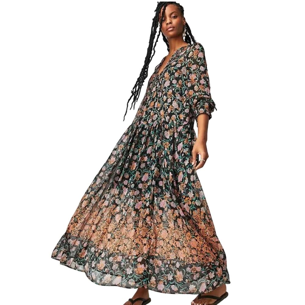 Free People $168 FP See It Through Floral Boho Lined Dress Black Size M